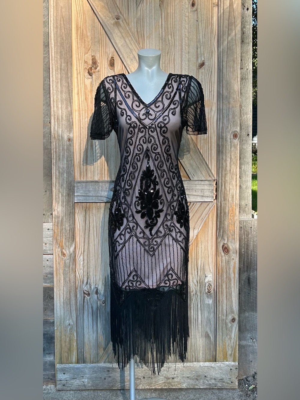 PrettyGuide 1920s Style Black Beaded Fringe Gatsby Girl Flapper Dress~L~